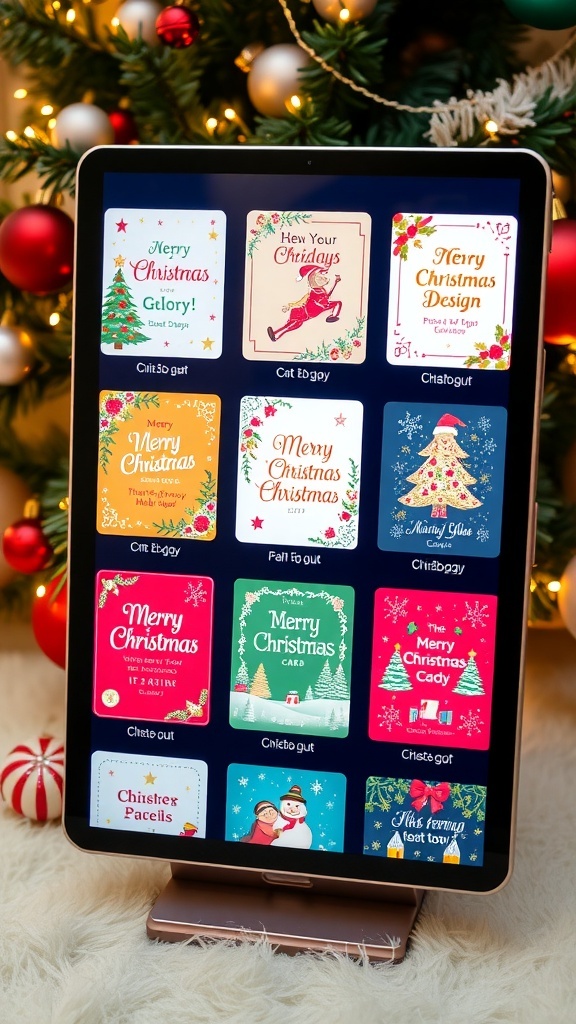 A collection of colorful Christmas card designs on a computer screen with holiday decorations.